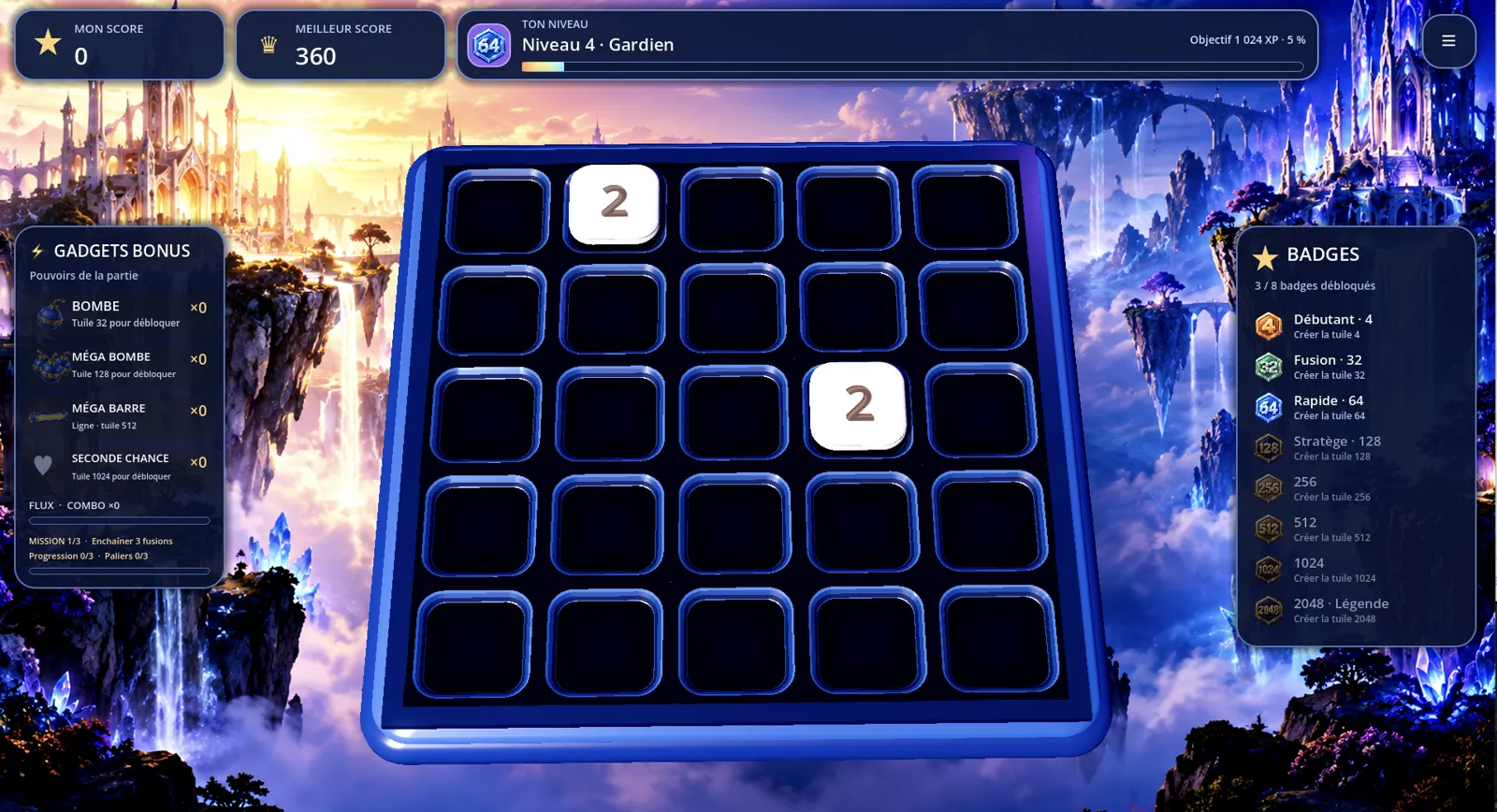 Screenshot of 2048 Deluxe on desktop: 5 × 5 board, score, level bar, power-ups panel and badges panel