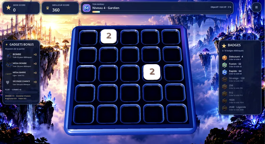 Écran de jeu de 2048 Deluxe : plateau 5 × 5 au centre, gadgets à gauche, badges à droite, décor de fantasy