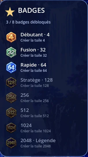 Panneau Badges de 2048 Deluxe : 3 badges sur 8 débloqués