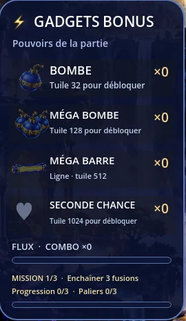 Panneau Gadgets bonus de 2048 Deluxe : Bombe, Méga Bombe, Méga Barre, Seconde Chance, Flux, Combo et mission en cours